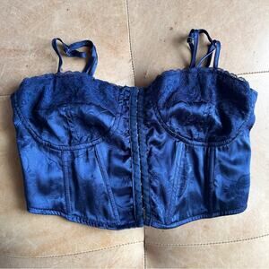 Y2K Satin Corset Top Lace-Up Blue Jacquard LA Hearts Romantic Lace Trim, S